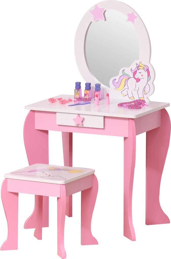 Toucador infantil com design de unicórnio - com Banco incluído 49 x 34 x 90 cm - gaveta, espelho - MDF - rosa e branco