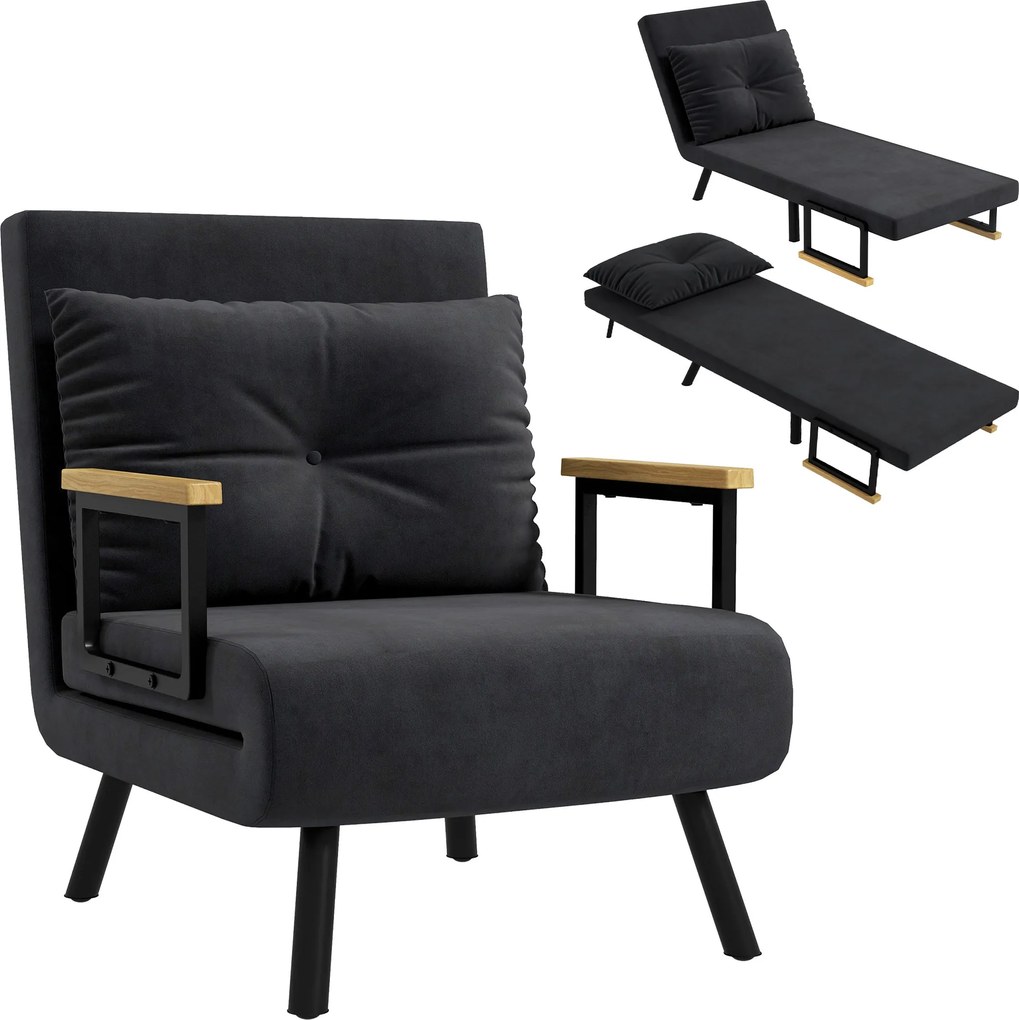 Poltrona convertível 4 em 1 63 L x 73 P x 81 A cm em cama individual com encosto de 5 posições, braços em madeira e almofada, tecido com efeito de vel
