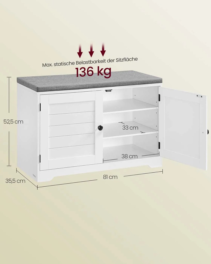 Banco para sapatos com espaço de arrumação 35,5 x 81 x 52,5 cm, portas, almofadas de assento e prateleiras ajustáveis Branco - Cinzento