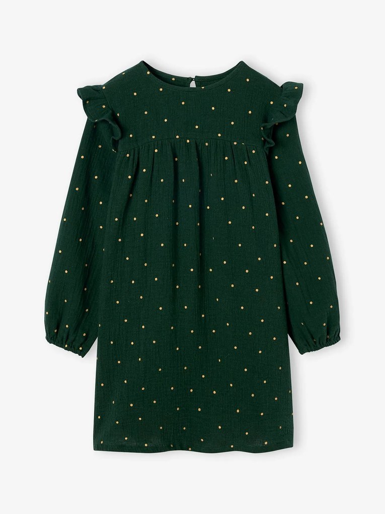 Agora -25% | Vestido com folhos no ombro, em gaze de algodão verde-abeto