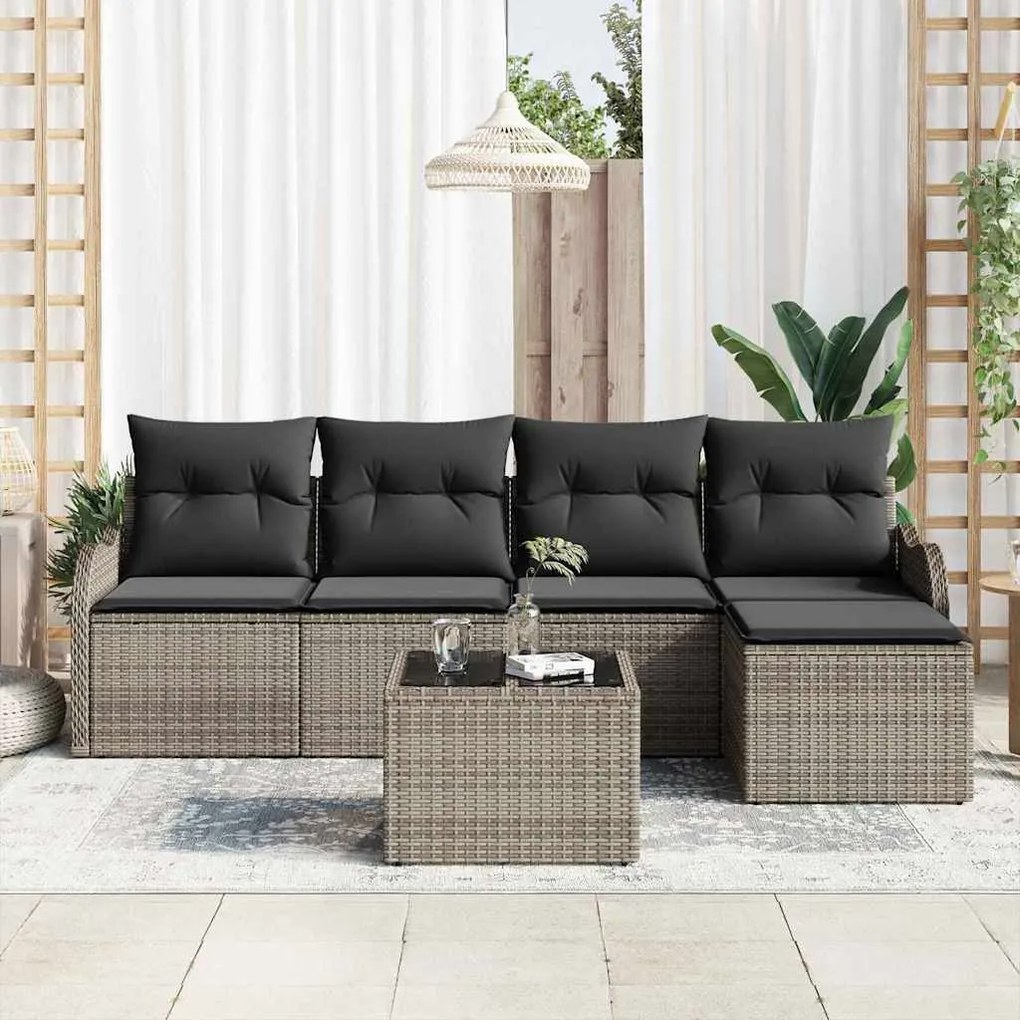 Conjunto de Sofá de 5 Peças vidaXL com Almofadas Rattan Poliéster Pret