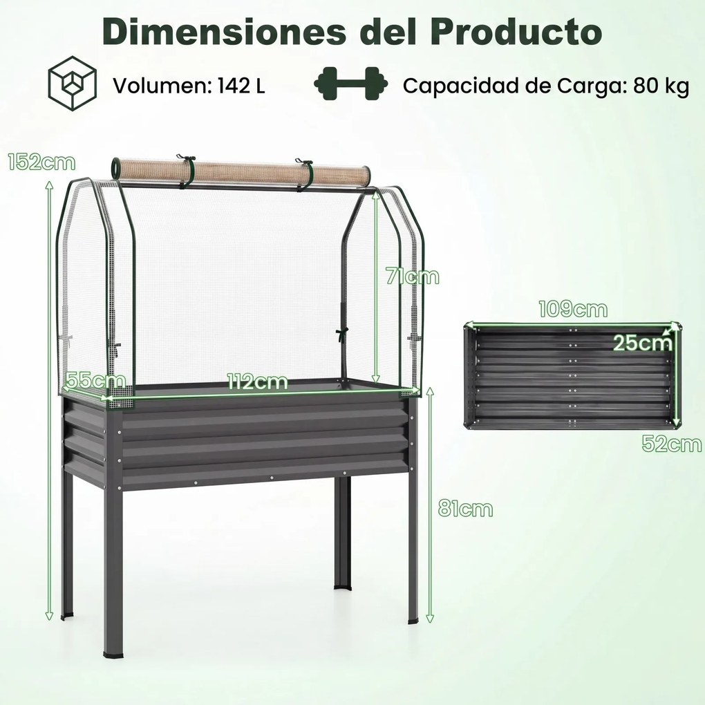 Floreira elevada com estufa 112 x 55 x 152 cm, canteiro de jardim em metal galvanizado com cobertura de proteção e porta enrolável para pátio, terraço