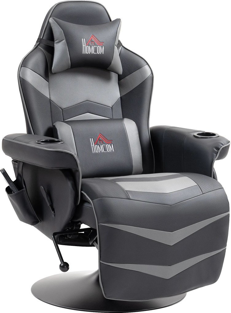 HOMCOM Cadeira gamer, função de massagem, encosto reclinável, apoio para os pés, até 120 kg, estrutura de aço, couro sintético, cinza | Aosom Portugal