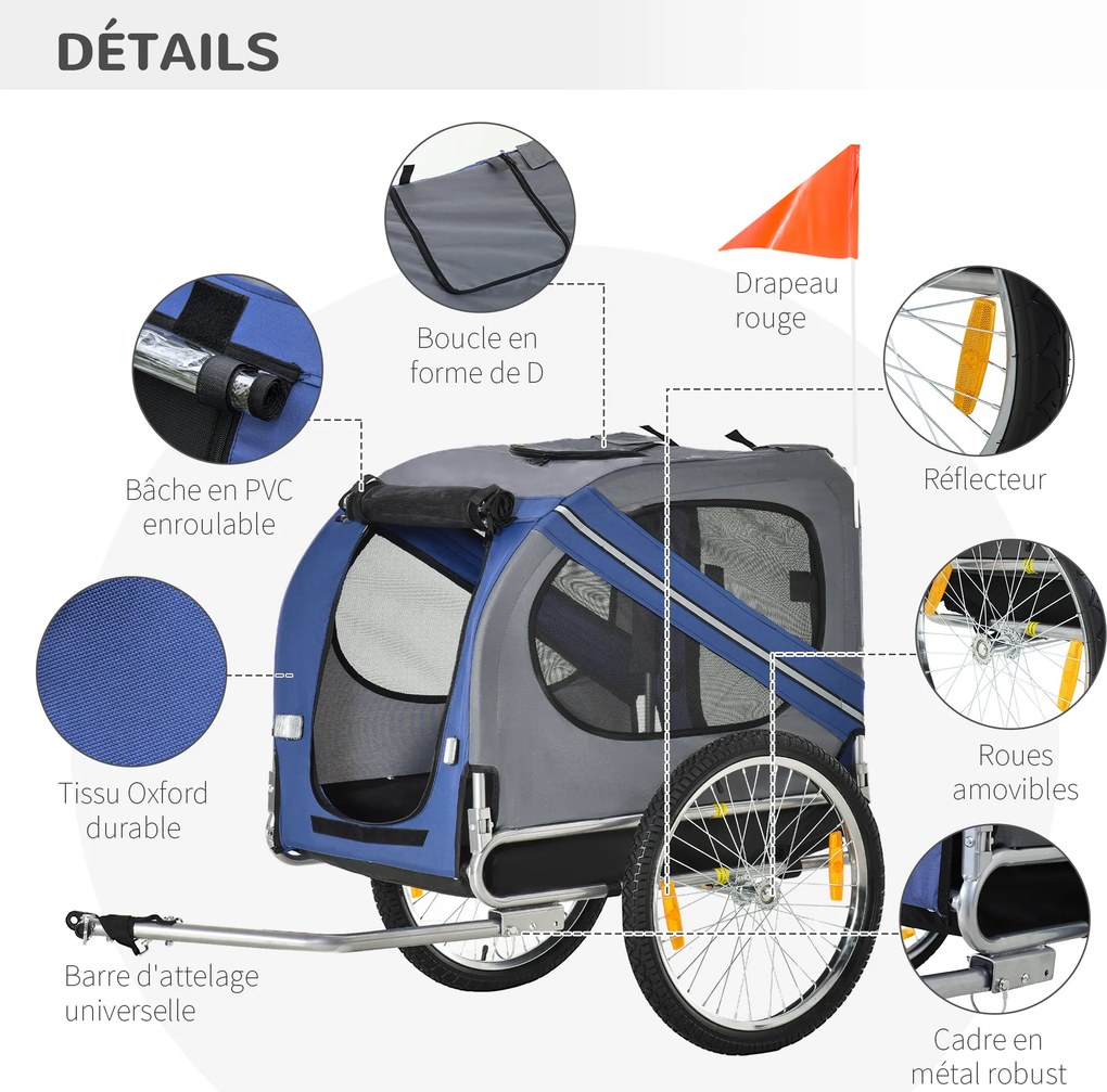 Reboque de bicicleta para cães e animais de estimação 130 x 73 x 90 cm, com 8 refletores, bandeira e barra de engate incluídas, em aço e poliéster imp