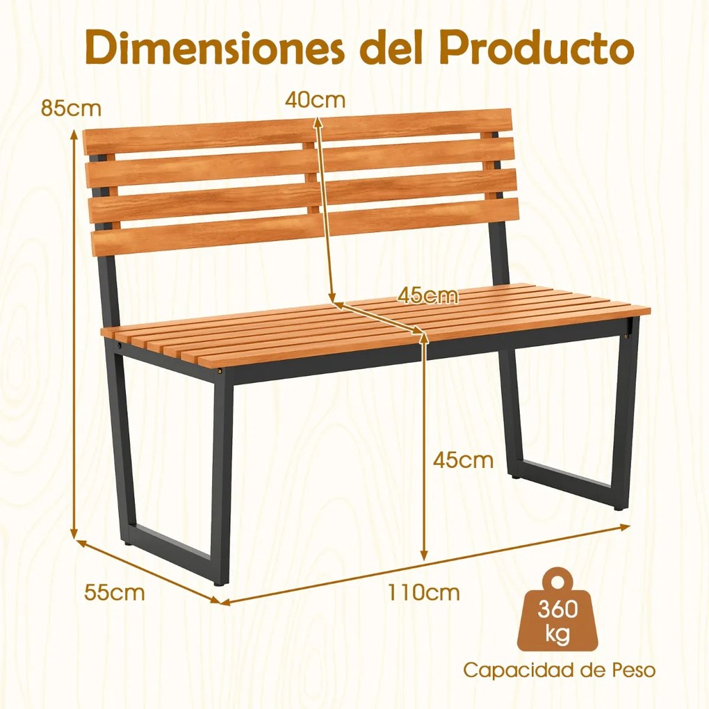 Banco jardim 110 x 55 x 85 cm de dois lugares Madeira de acácia Estrutura metálica resistente Jardim Preto e natural