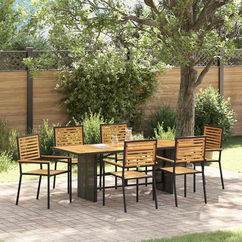 Conjunto de Jantar de 7 Peças vidaXL Preto Polyrattan Acácia