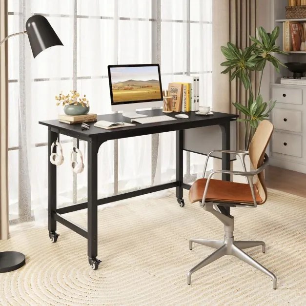 Secretária com Rodas Mesa de Escritório 120 x 60 x 75 cm com Bolsa e Ganchos para Auscultadores Compacta Estrutura em Metal Preto