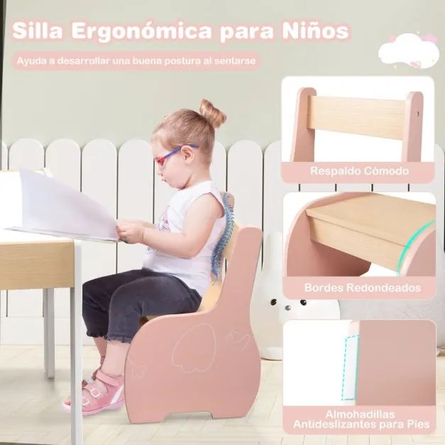 Conjunto de mesa e 2 cadeiras para crianças Mesa de atividades de madeira 4 em 1 para arte, desenho, leitura e quadro removível Rosa