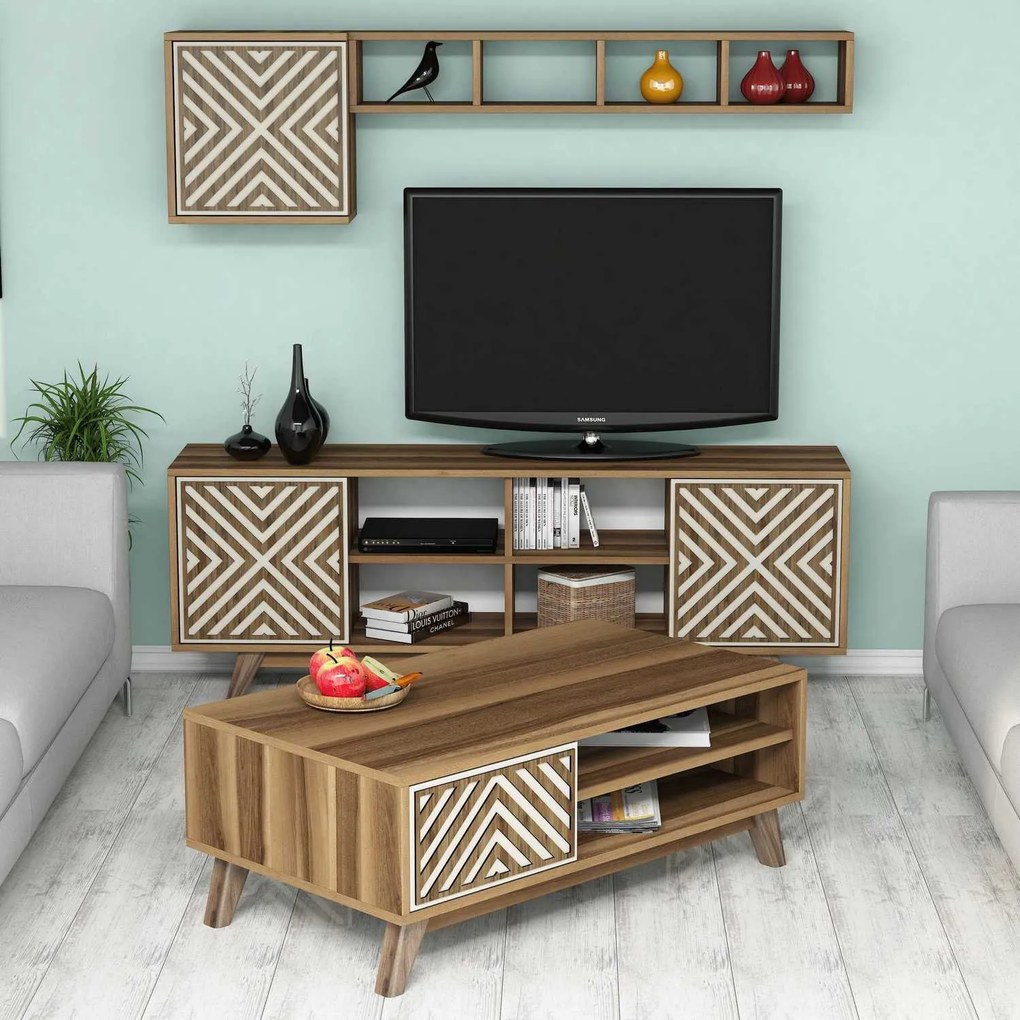 Conjunto de Mobiliário de Sala de Estar Inci – Nogueira e Creme – TV: