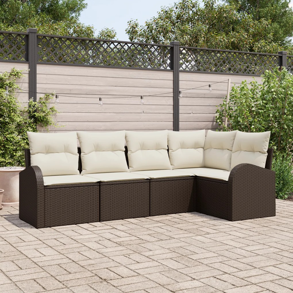 Conjunto de Sofás de 5 Peças para Jardim com Almofadas Castanho Vime P