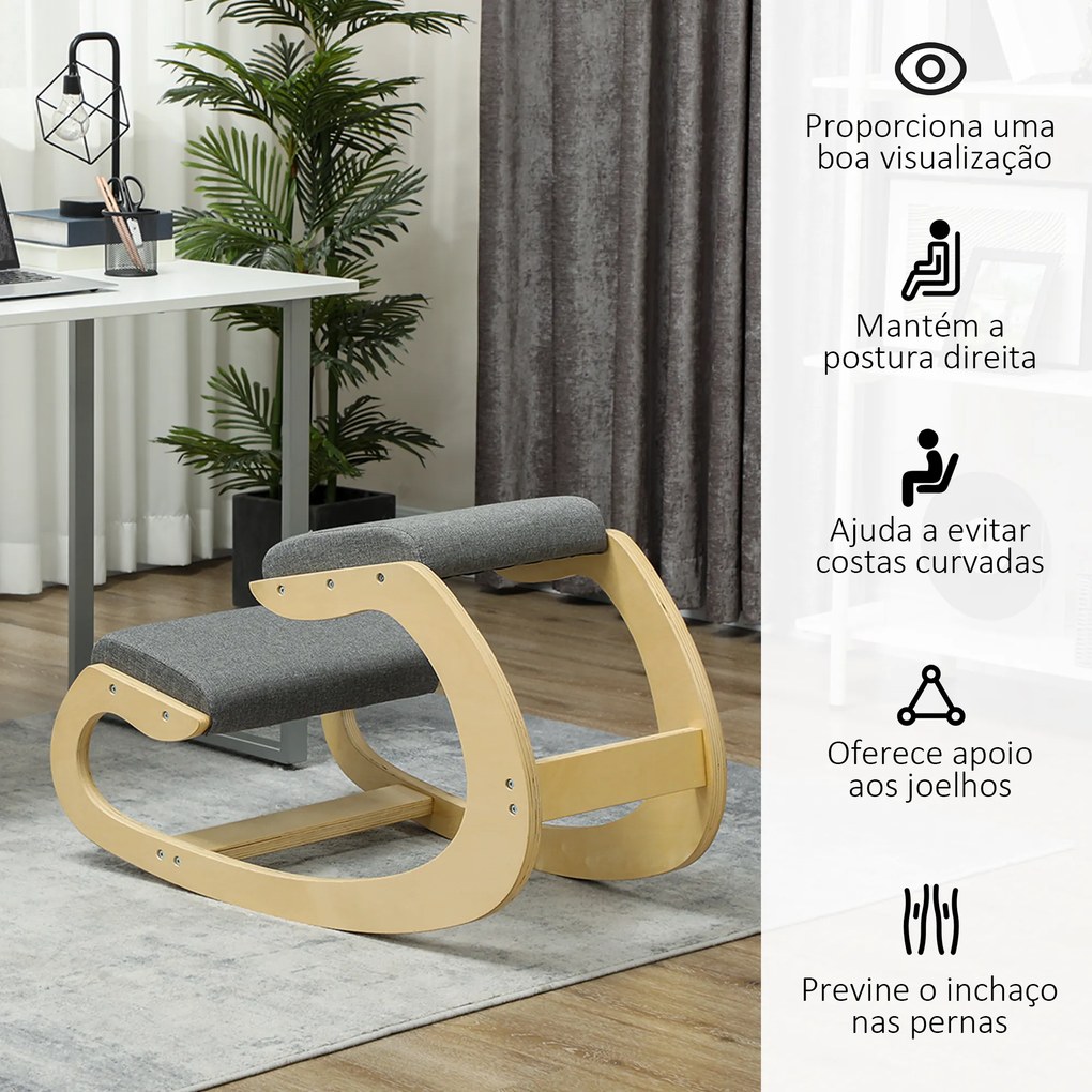 Cadeira escritorio Ergonómica de Joelhos com Almofadas Acolchoadas Estrutura de Madeira para Melhor Postura Escritório 55x85x55 cm Cinzento