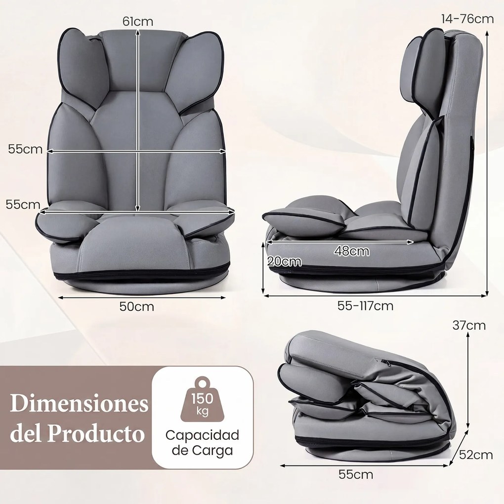 Cadeira de Chão Giratória, 55 x 55-117 x 20-76 cm, Encosto Reclinável, Cinzento