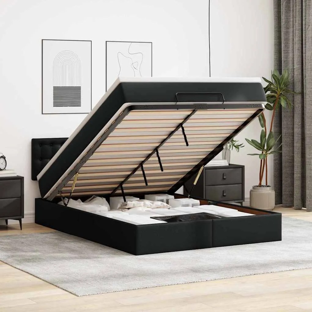 vidaXL Cama otomana com colchões&amp;LEDs 140x200cm couro artificial preto