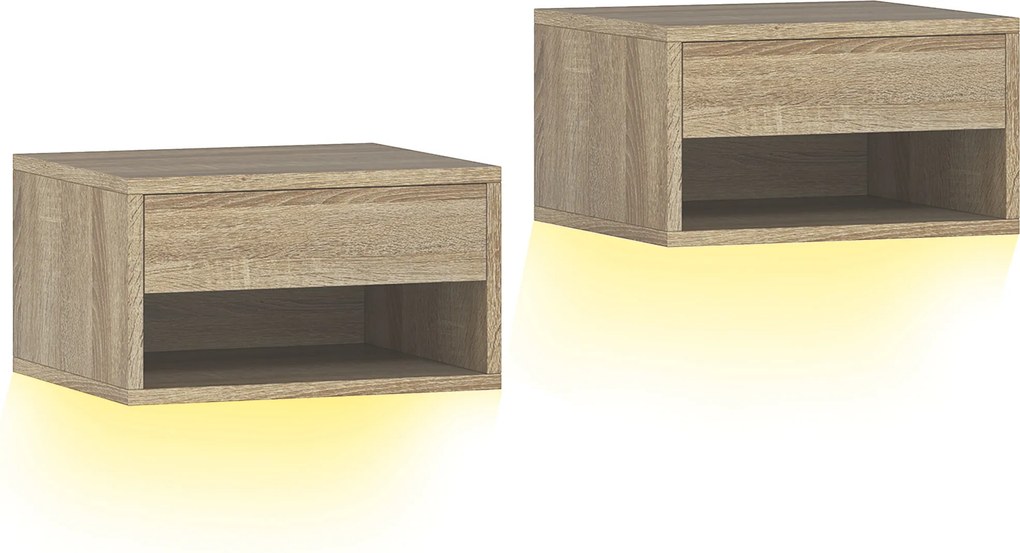 HOMCOM Conjunto de 2 Mesas de Cabeceira Flutuantes com Luzes LED RGB Controlo por APP e Prateleira Aberta 37x32x21 cm Madeira | Aosom Portugal