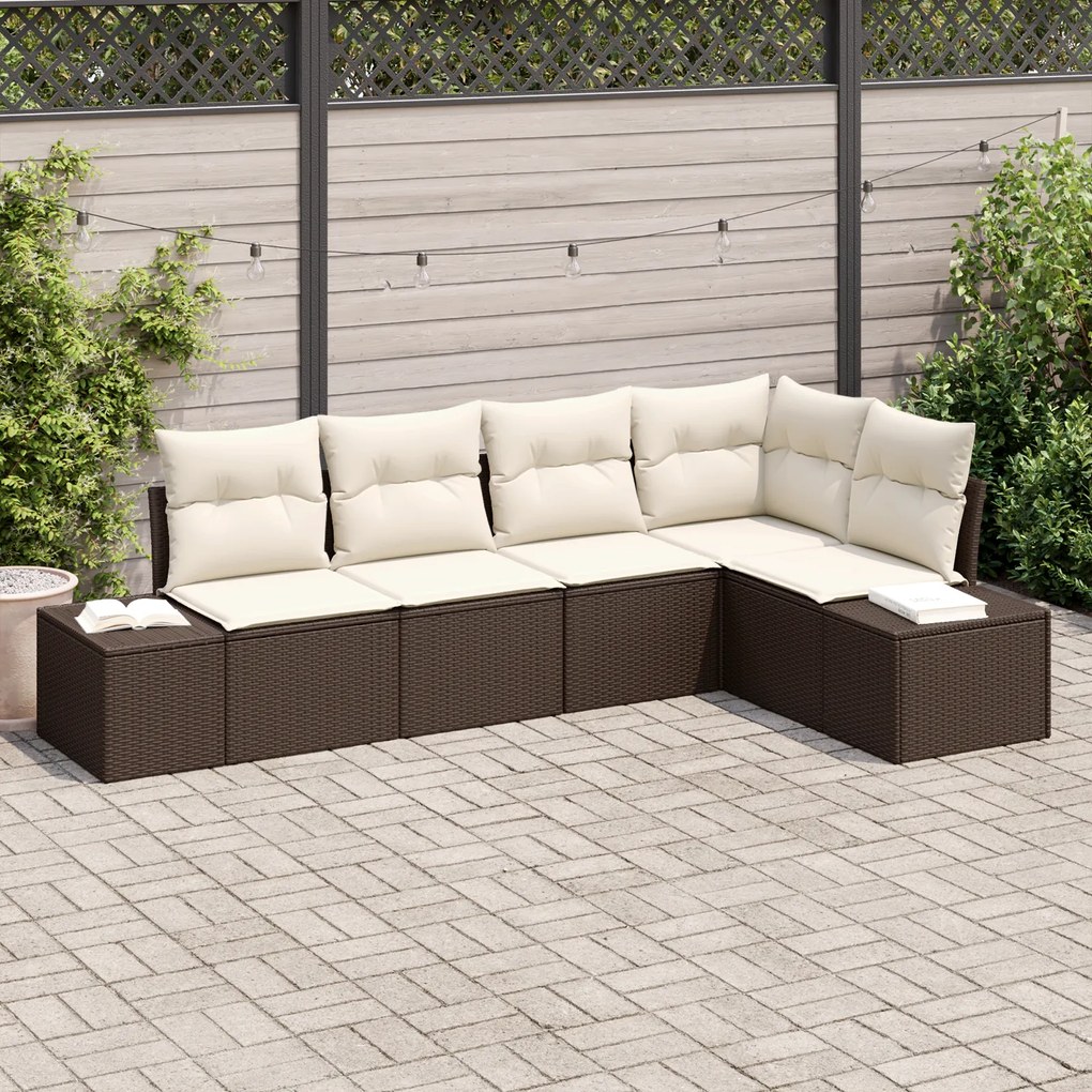 Conjunto de Sofá de Jardim de 5 peças com Almofadas Marrom Rattan Poli