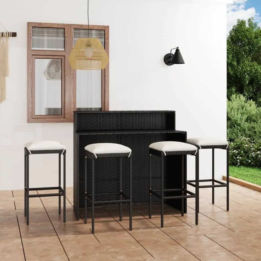 vidaXL 5 pcs conjunto de bar para jardim com almofadões preto