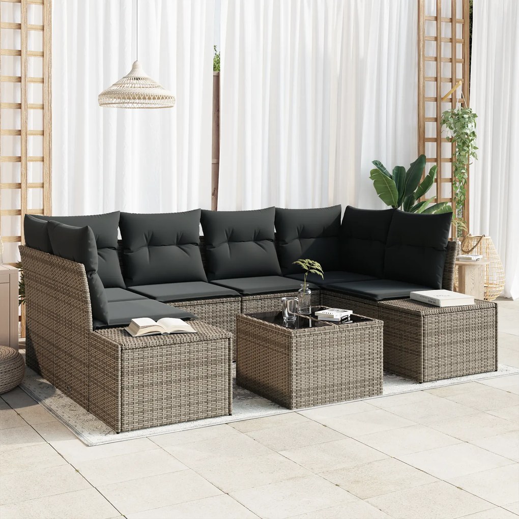 Conjunto de Sofá de Jardim de 7 Peças com Almofadas Cinzento Poli Ratt