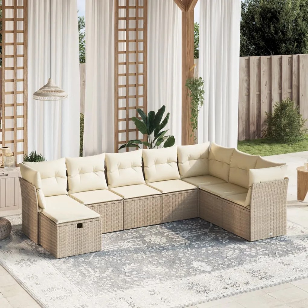 8 pcs conjunto de sofás p/ jardim com almofadões vime PE bege