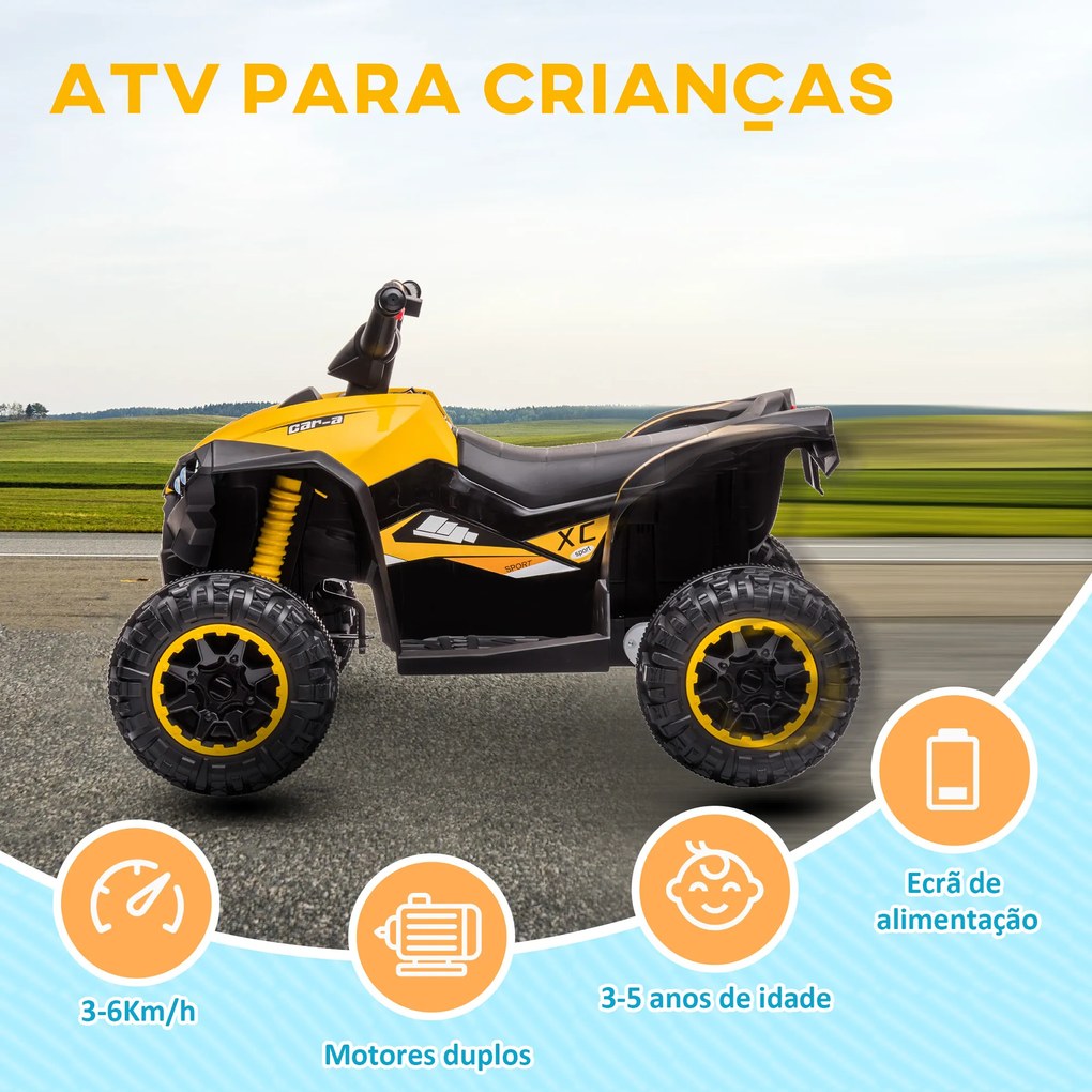 Moto 4 Elétrica para Crianças de 3-5 Anos Veículo Eléctrico a Bateria 12V com 2 Motores 83x53x55,5 cm Amarelo