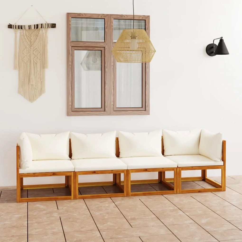 vidaXL Banco de jardim 4 lugares c/ almofadões cor creme acácia maciça