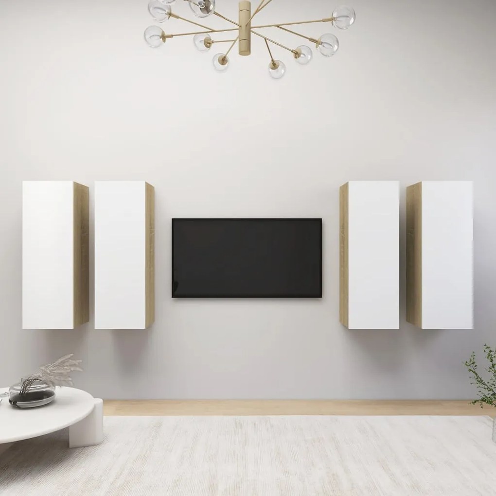 vidaXL Móveis de TV 4 pcs derivados de madeira branco/carvalho sonoma