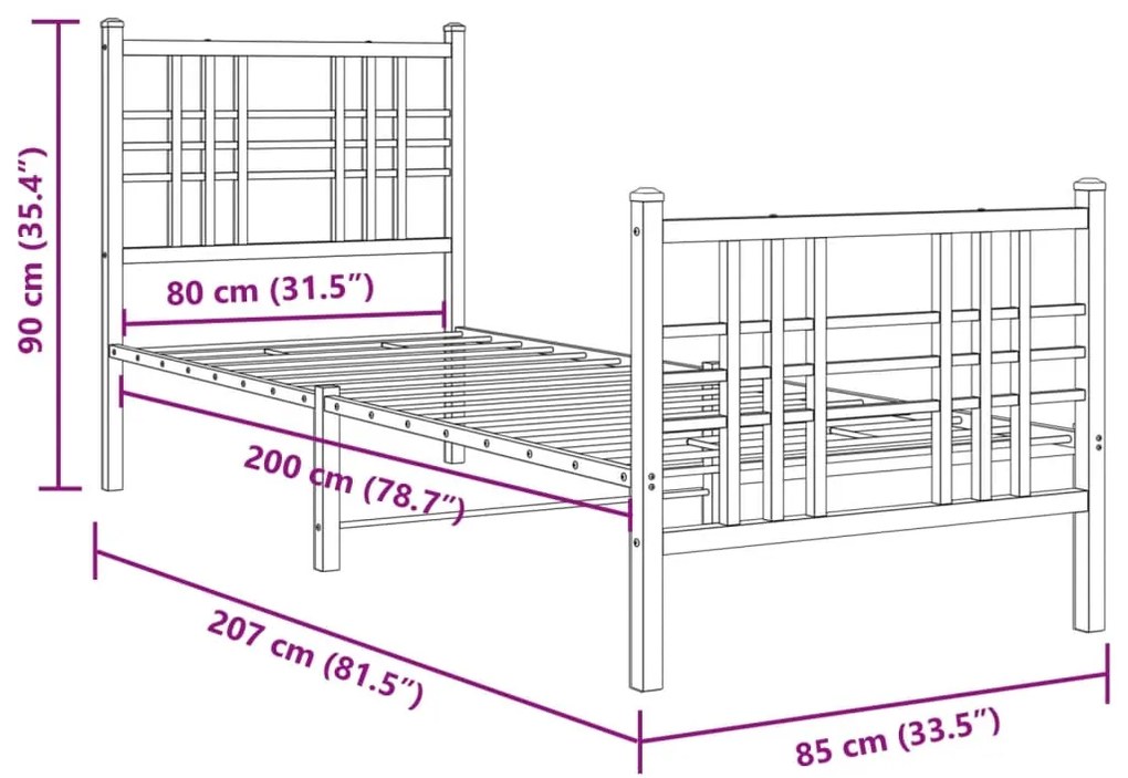 Estrutura de cama com cabeceira e pés 80x200 cm metal preto