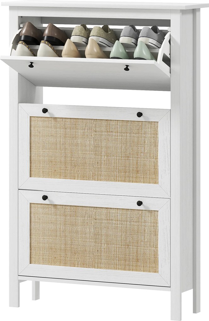 Sapateira, Móvel para sapatos 80 x 23,5 x 121,5 cm, armário de 3 portas com abas, efeito de vime - em madeira natural
