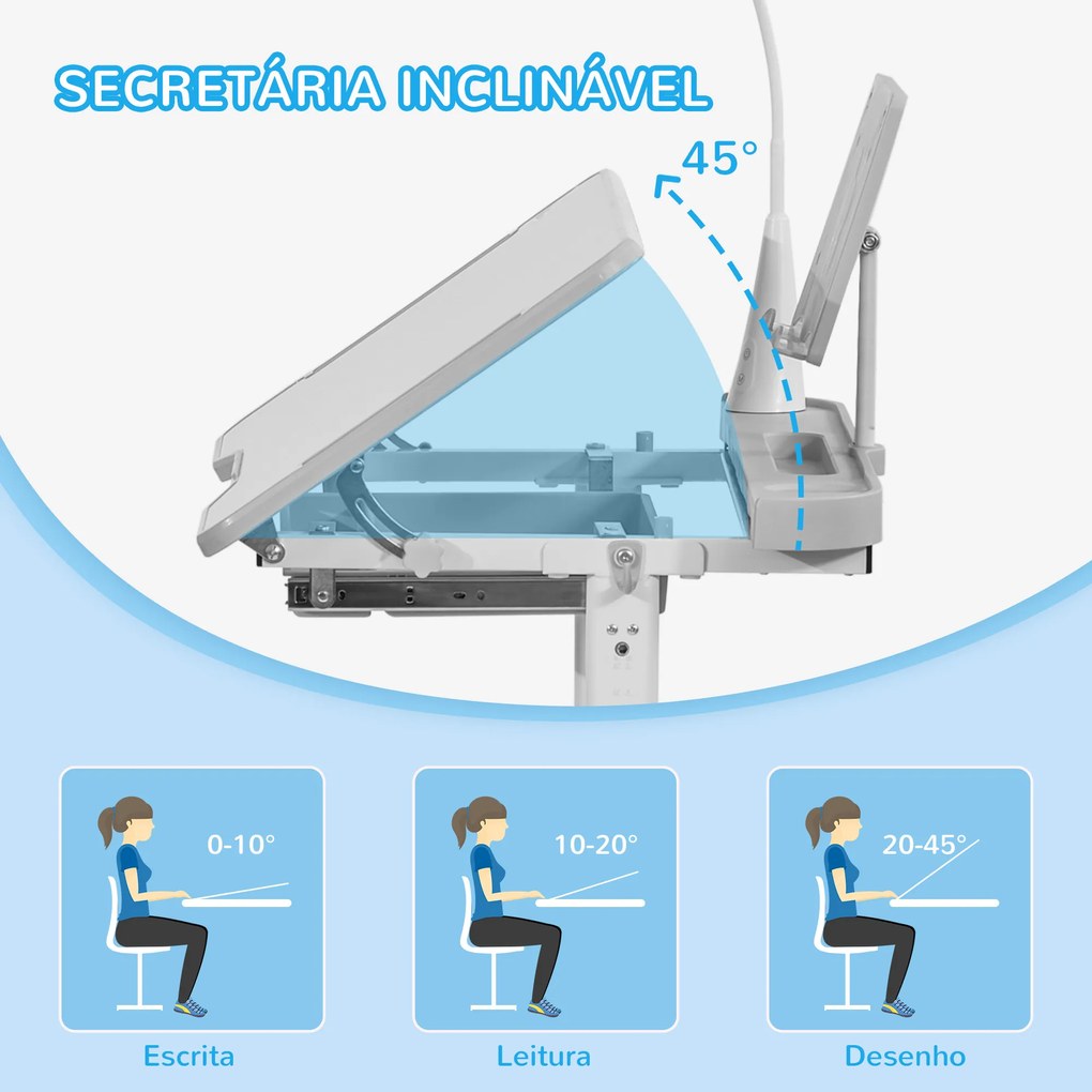 Conjunto de Secretária e Cadeira para Crianças com Altura Ajustável Lâmpada LED 80x49,5x80-105 cm e 36x34x60-73 cm Cinza
