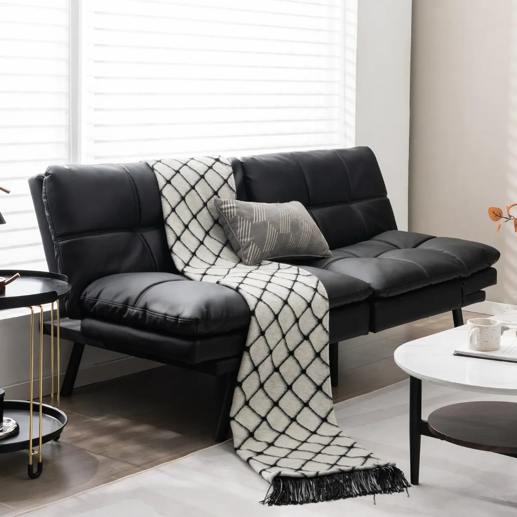 Sofá-cama dobrável de 3 lugares 182 x 87 x 82 cm PU Futon conversível de espuma viscoelástica com encosto e apoios de braços ajustáveis Preto