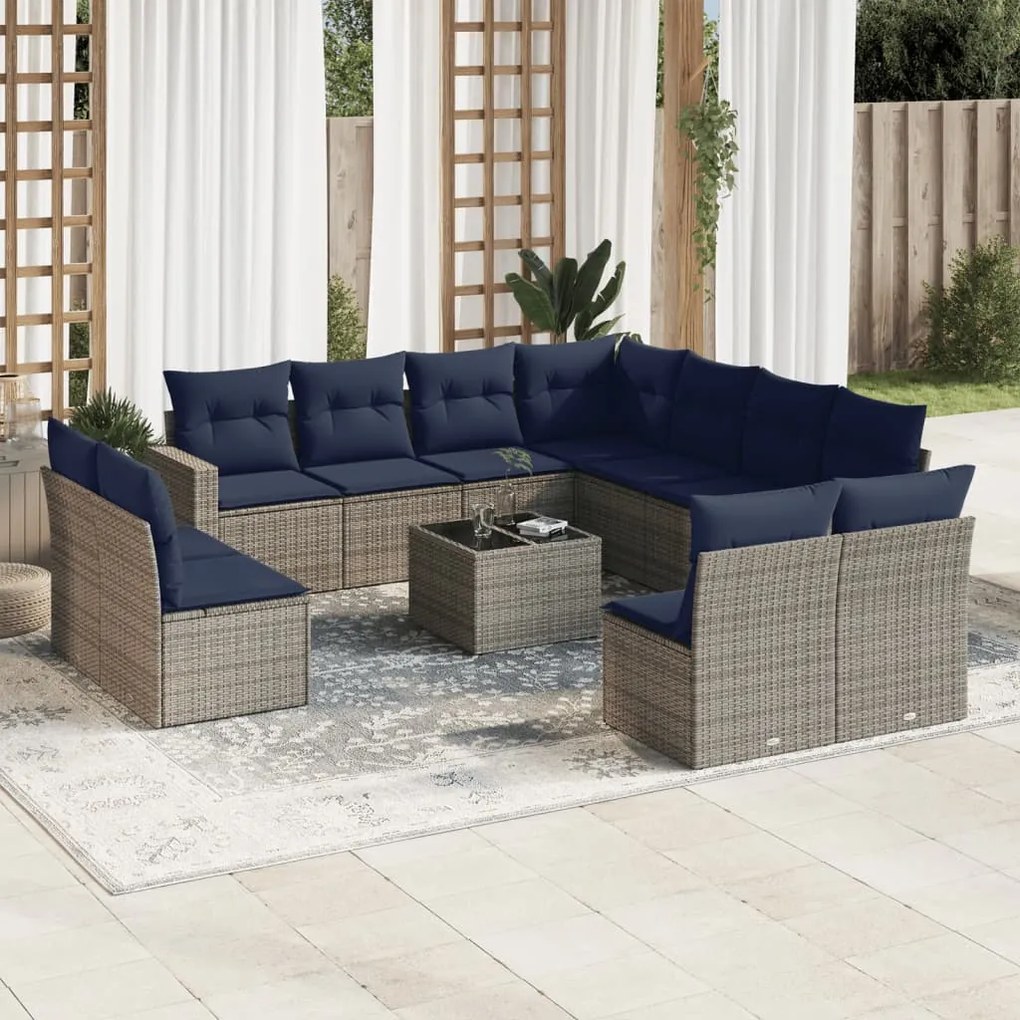 vidaXL 12 pcs conjunto sofás p/ jardim c/ almofadões vime PE cinzento