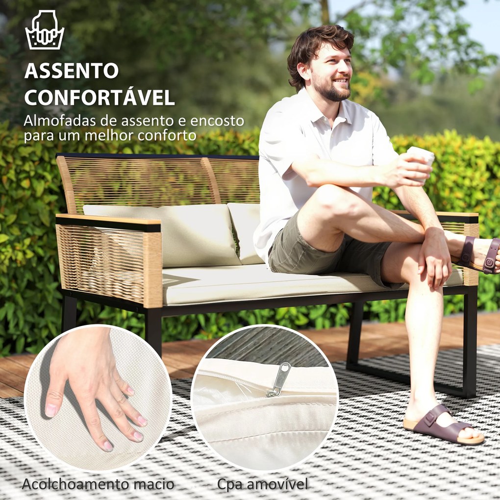 Conjunto de Jardim 4 Peças de Vime Sintético com 2 Cadeiras 1 Sofá de 2 Lugares e Mesa de Centro Madeira e Creme