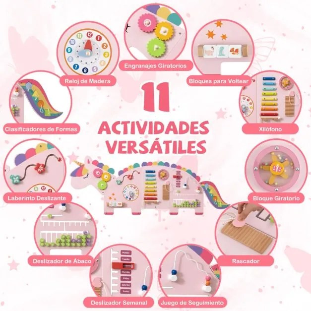 Painel de atividades Unicórnio 11 em 1 de madeira Montessori sensorial para educação infantil e sala de jogos rosa