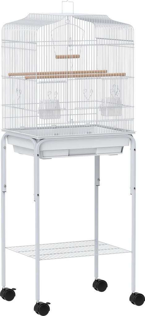 PawHut Gaiola para Pássaros com Rodas Prateleira Portas 2 Comedouros 2 Poleiros Baloiço Bandeja Removível 46,5x36x124 cm Branco | Aosom Portugal