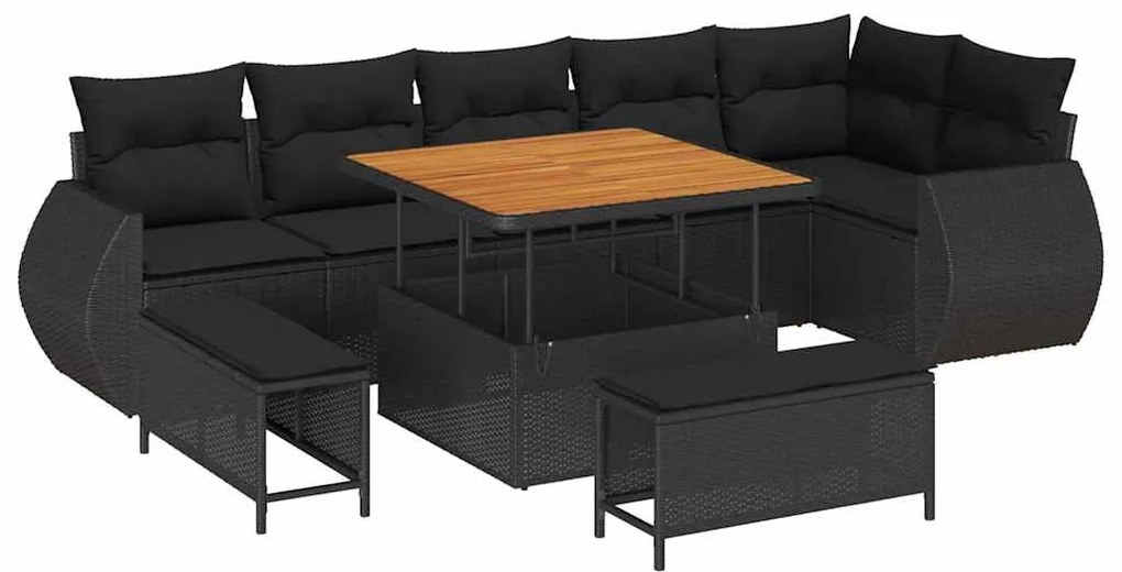 Conjunto de Sofá de Jardim de 9 Peças com Almofadas em Rattan Preto e