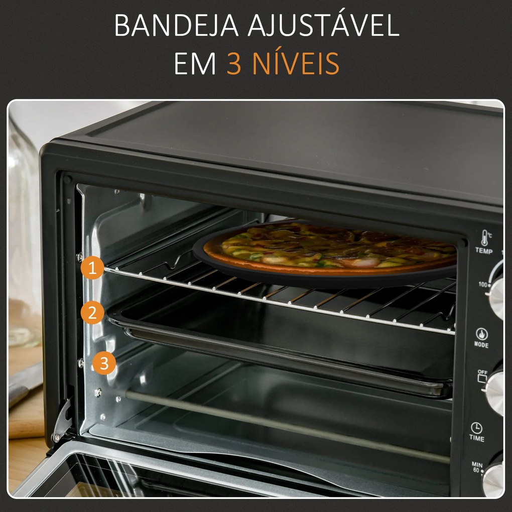 Mini Forno Elétrico 21L 1400W com Temporizador até 60min e Temperatura Ajustável até 230℃ 46x38,5x29 cm Preto