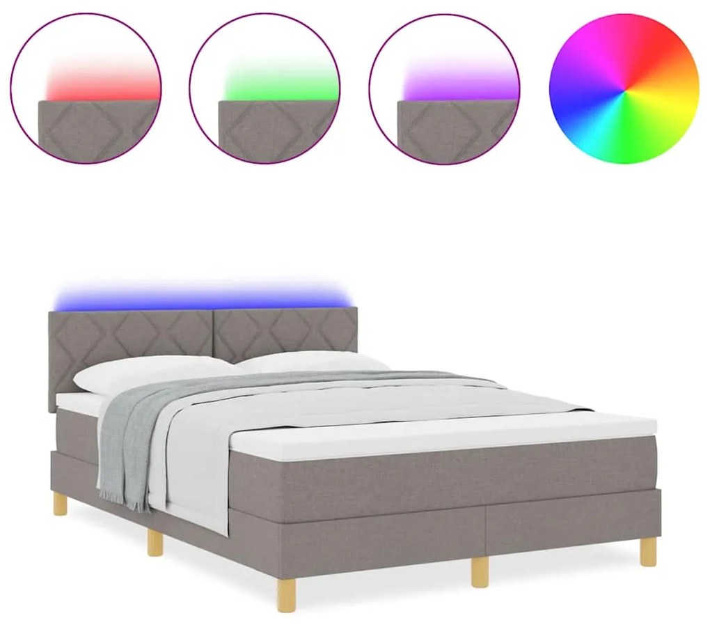 Cama Box com Colchão &amp; LED Taupe 140x200 cm Tecido
