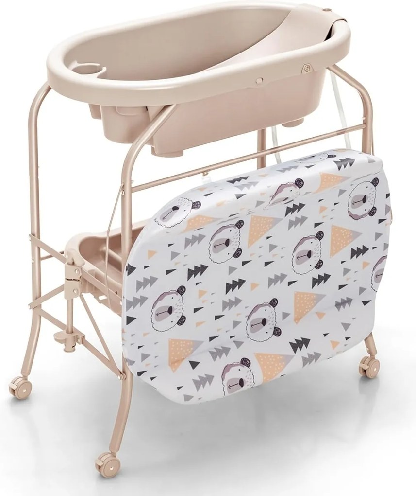 Troca-fraldas com banheira dobrável e portátil para bebés com bandeja de armazenamento e 4 rodas universais com travas, carga 35 kg, bege