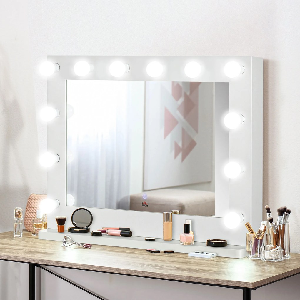 Espelho de maquilhagem Hollywood iluminado com 12 LEDs táteis - luminosidade ajustável, função de memória - metal, MDF branco e vidro
