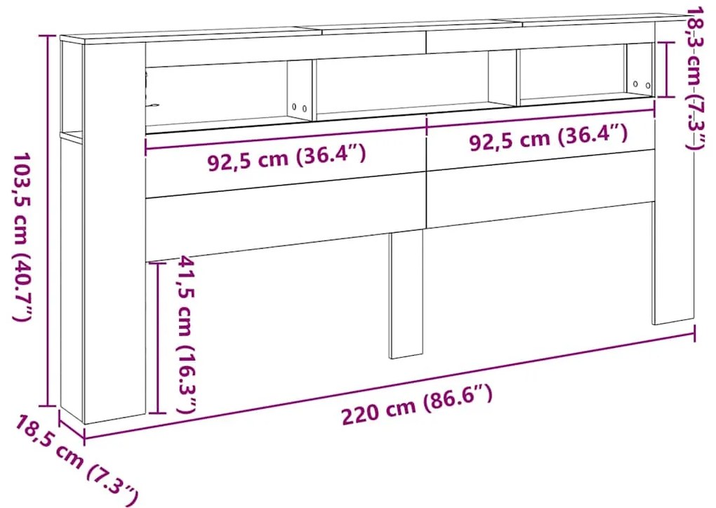 Cabeceira de Armazenamento vidaXL com Luzes LED Madeira Preta 220x18,5