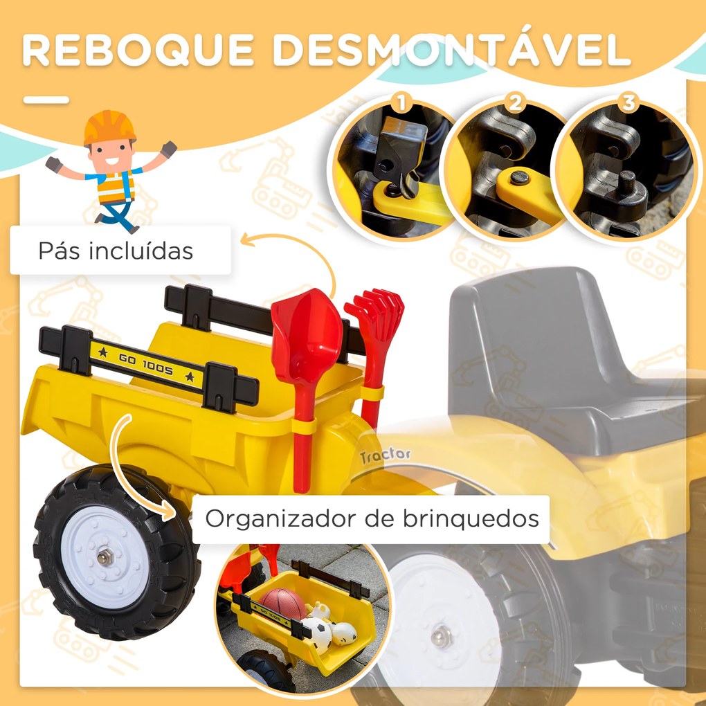 HOMCOM Tractor a Pedal para Crianças de 3-6 Anos Carro Andador Escavadora com Pá Frontal e Roboque Amovível Carga Máxima 35kg 163x42x71cm Amarelo