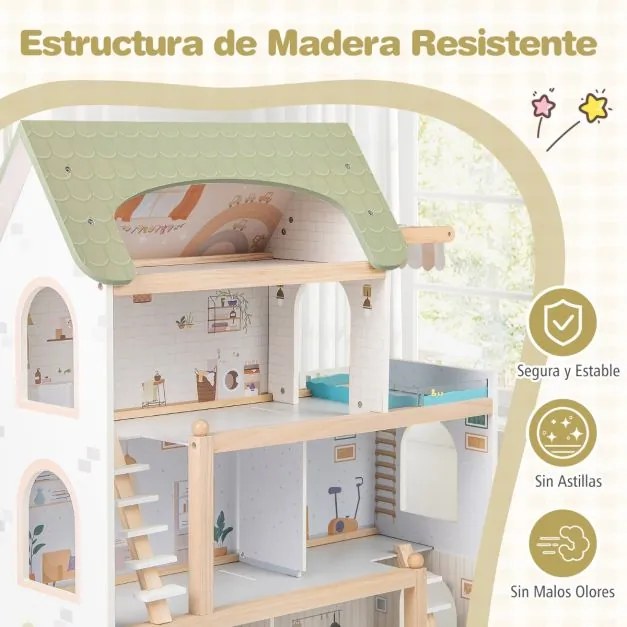 Casa de bonecas de madeira para crianças 63 x 25 x 78 cm com 33 acessórios de mobiliário, 6 quartos, para maiores de 3 anos, verde claro