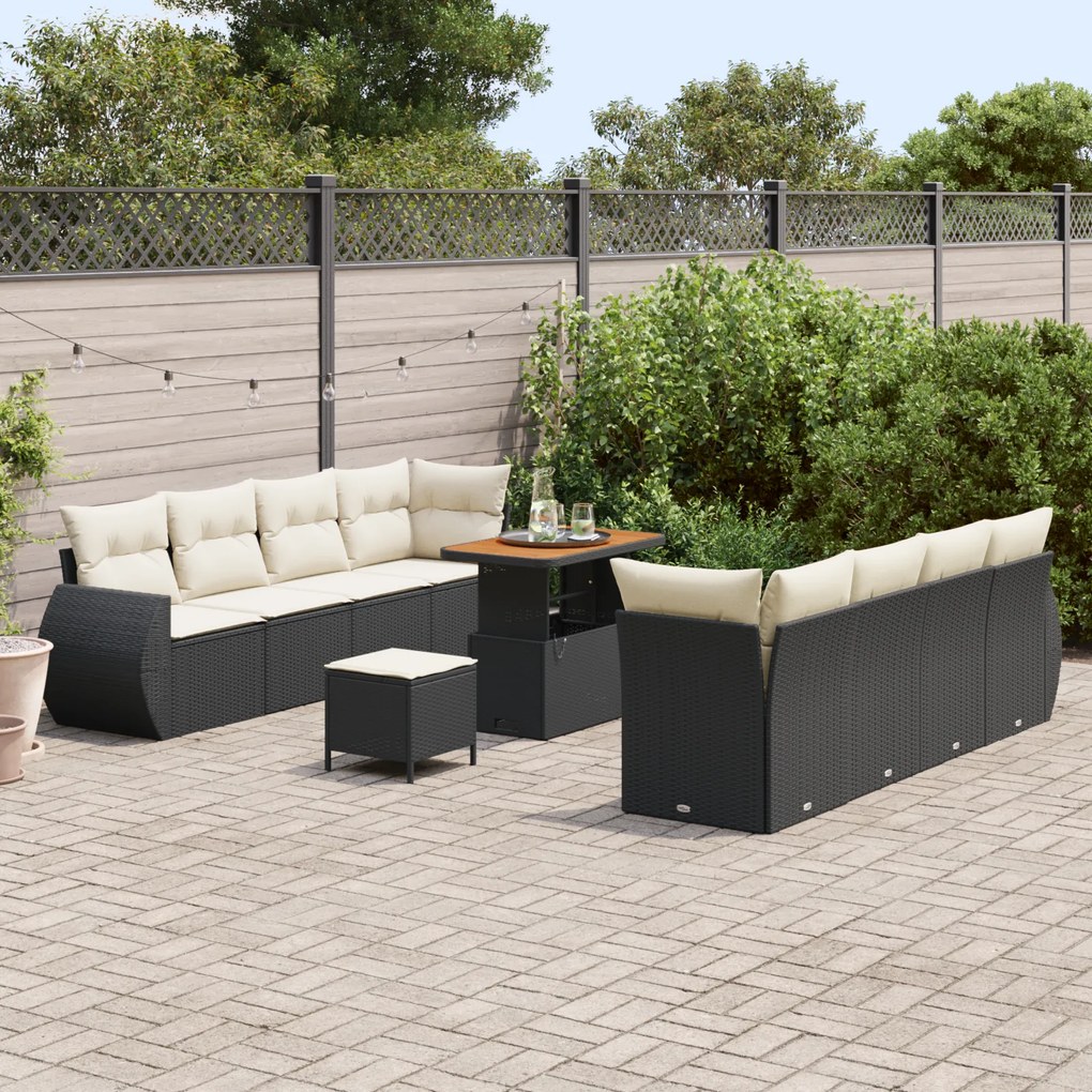 Conjunto de Sofá de Jardim vidaXL 11 Peças com Almofadas Preto Poli Ra