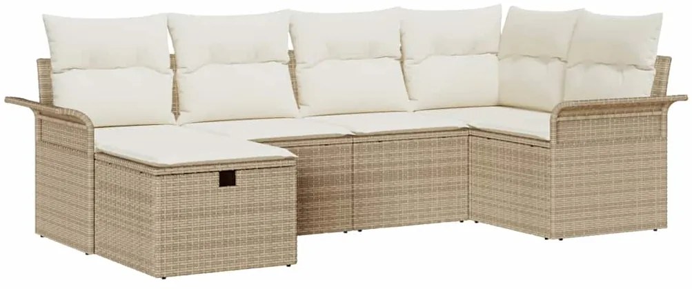 Conjunto de Sofá de Jardim 6 Peças com Almofadas Bege Rattan Poliéster