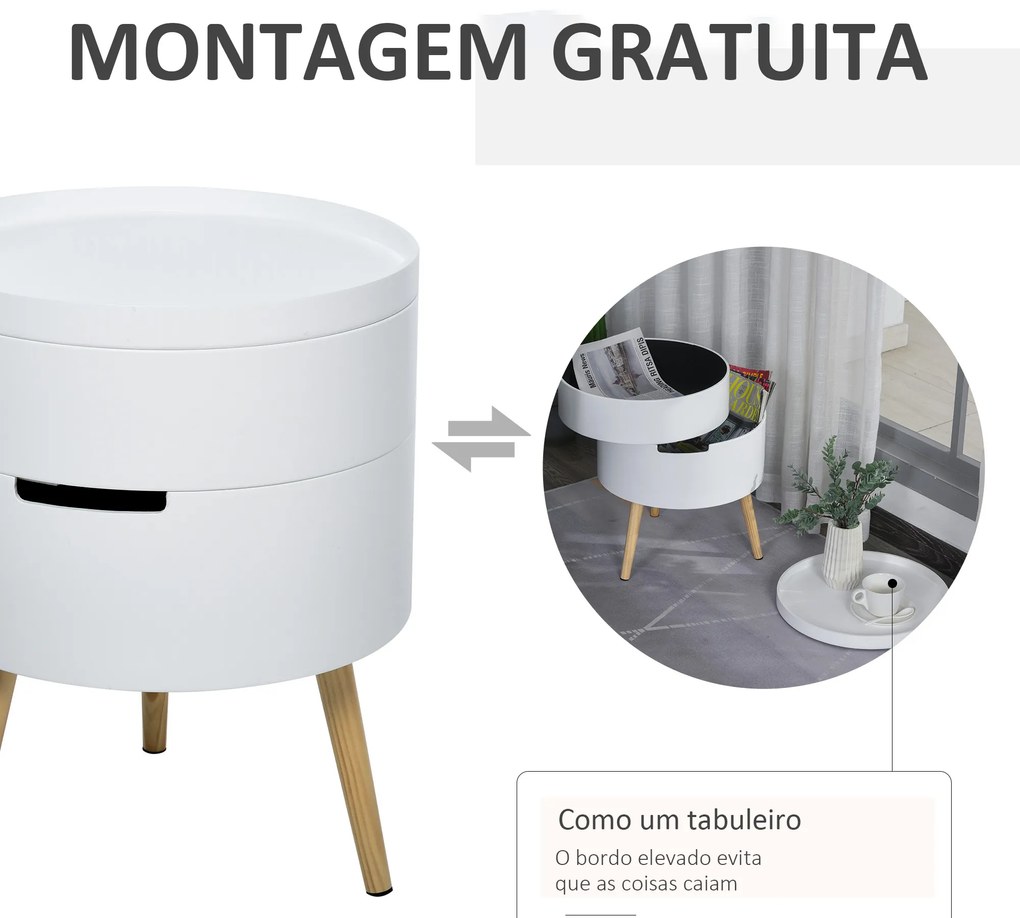 Mesa Auxiliar Moderna com 3 Níveis Mesa de Centro Desmontável com Tampa 2 Espaços de Arrumação Ø38x48,3 cm Branco e Madeira