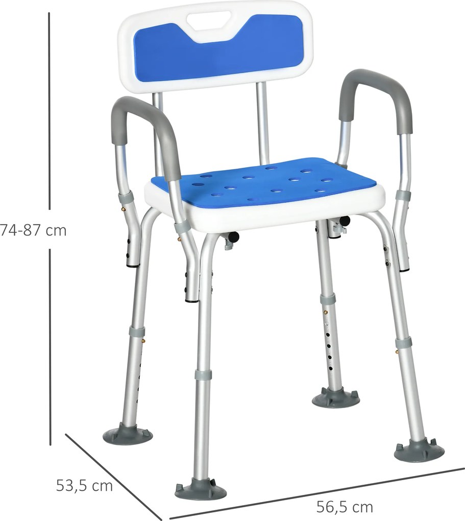 Banco de duche ergonómico com altura ajustável e pés antiderrapantes, 56,5 x 53,5 x 87 cm, branco e azul