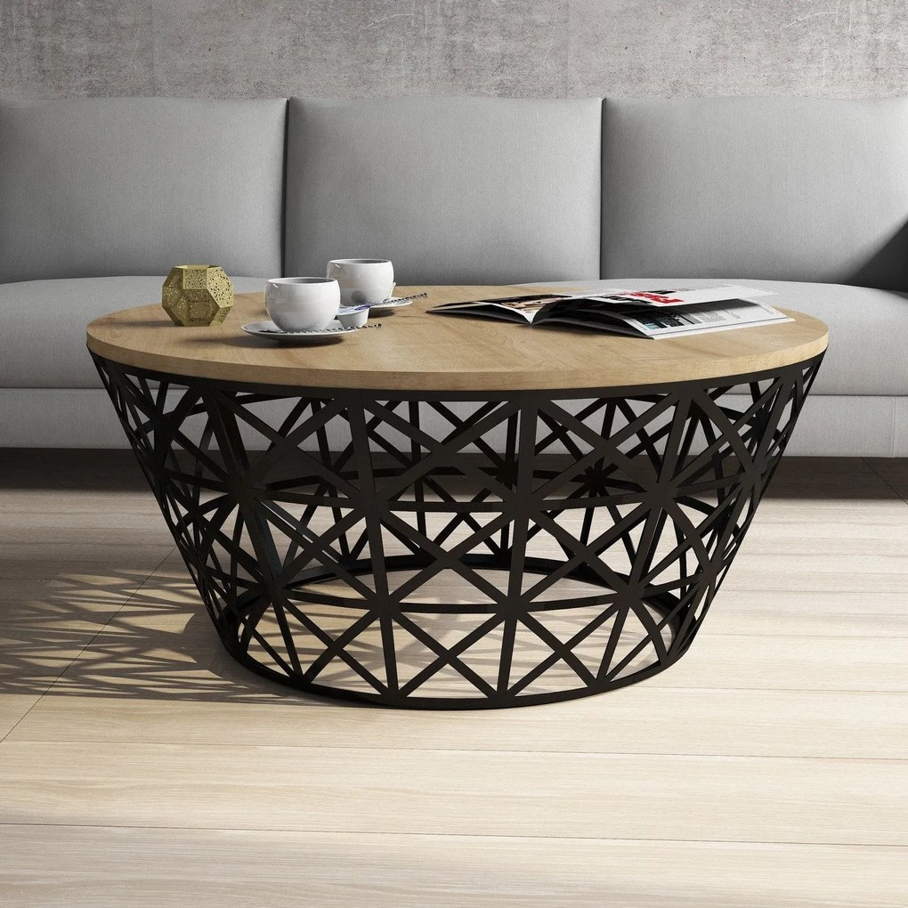Mesa de Centro Stil Metal Ferforje – Carvalho Preto – 90x90x38 cm