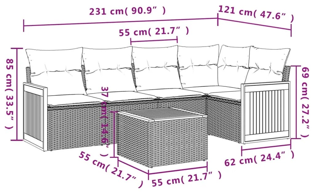 6 pcs conjunto sofás de jardim com almofadões vime cinzento