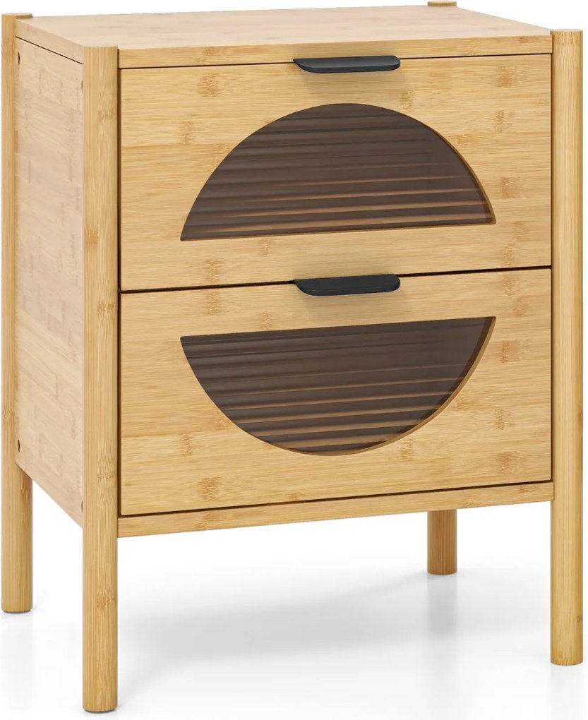 Mesa de cabeceira moderna 45 x 40 x 56 cm em bambu com 2 gavetas e frentes em vidro temperado estriado para sala de estar ou quarto Natural