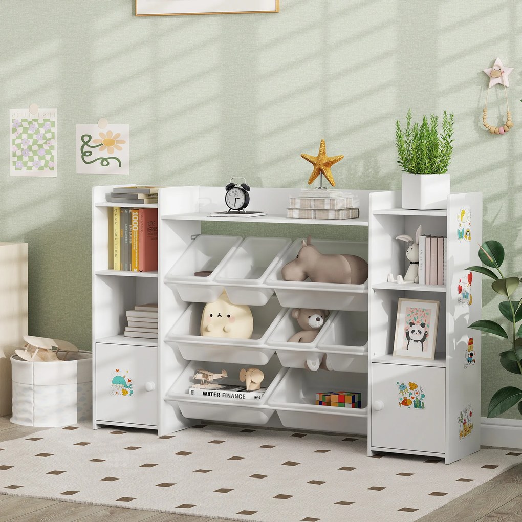 Móvel de arrumação infantil 140 x 30 x 90 cm, estante para brinquedos com 8 caixas removíveis, branco