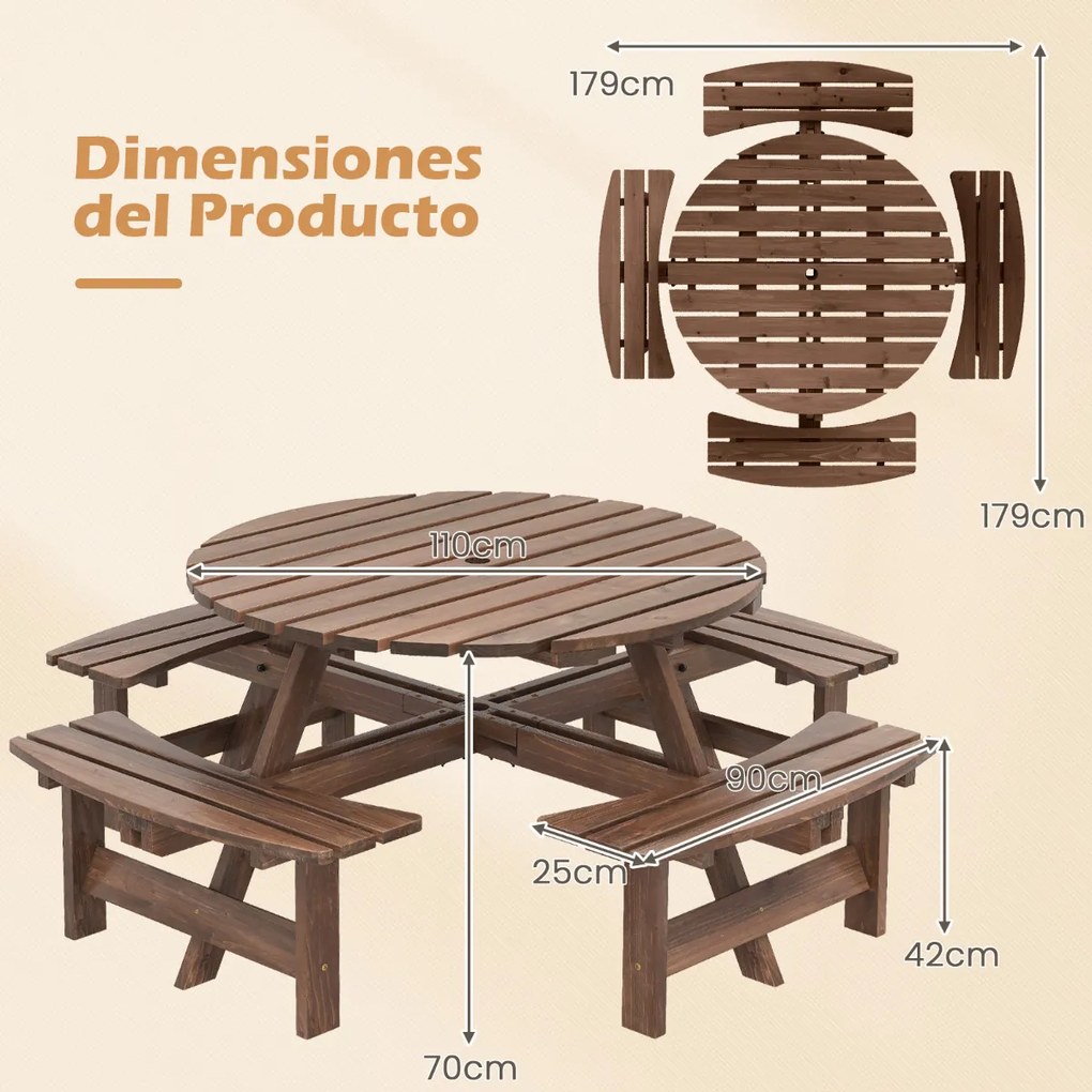 Conjunto de mesa de Jardim ou piquenique redonda com 4 bancos para 8 pessoas com orifício para guarda-sol de 5 cm Castanho